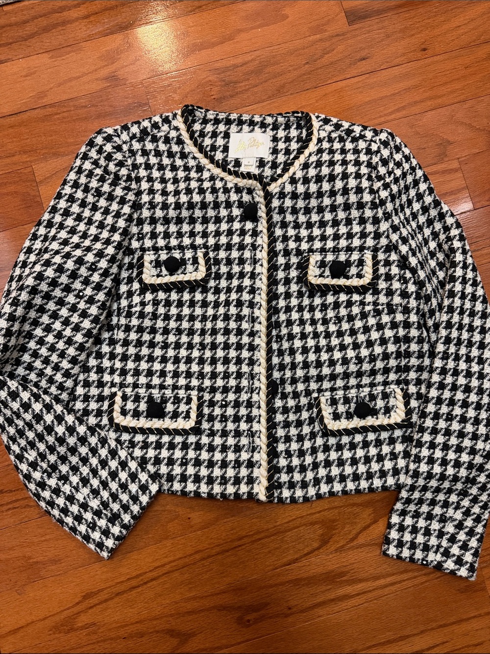 Lilly Pulitzer Black & White Houndstooth Cropped Tweed Jacket with Cream Braid
